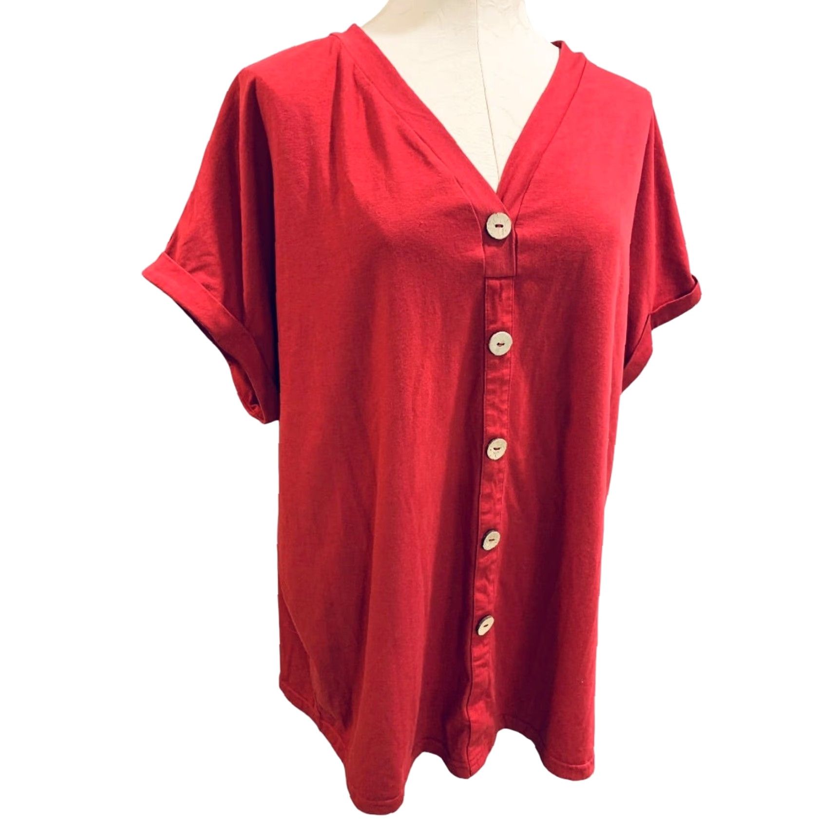 Vintage VINTAGE XXL Womens Red Short Sleeve Tshirt Button Embellished V-Neck Pullover Size XXL / US 16-18 / IT 52-54 - 2 Thumbnail