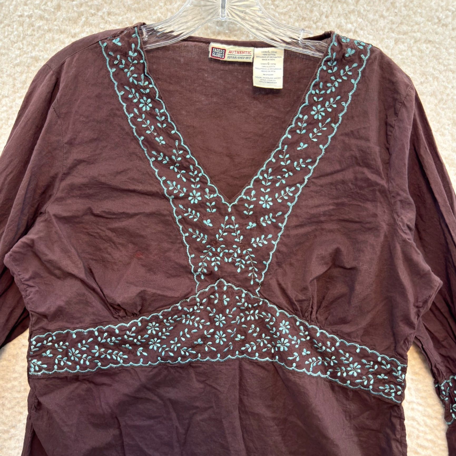 Faded Glory VINTAGE Y2K Top Large Brown Flare Sleeve Boho Fairy Grunge Bohemian Hippy Shirt L Brown Mens/Womens? Size L / US 10 / IT 46 - 3 Thumbnail