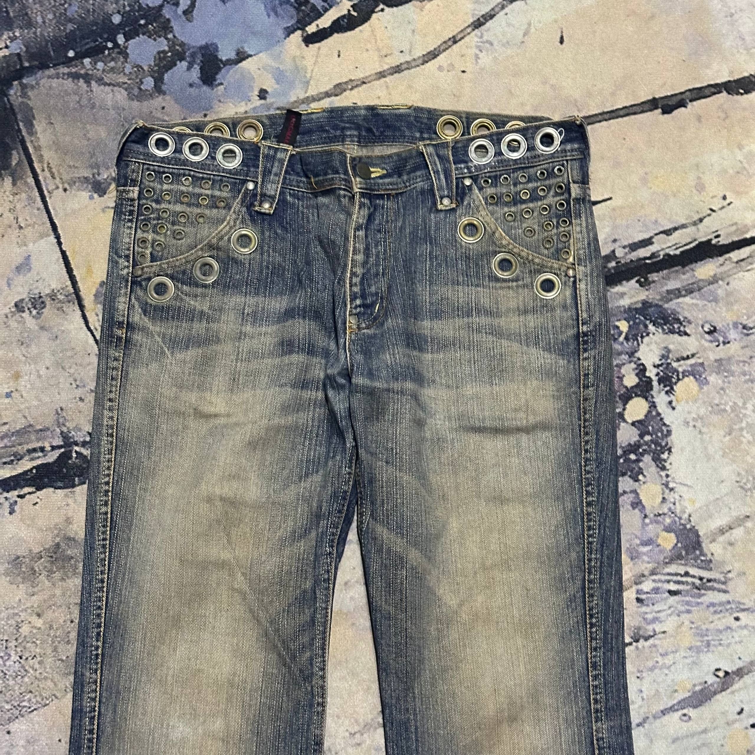 Japanese Brand 2000s Gogmagog Japan Distressed Flared Grommet Rivet Jeans Size US 34 / EU 50 - 5 Thumbnail