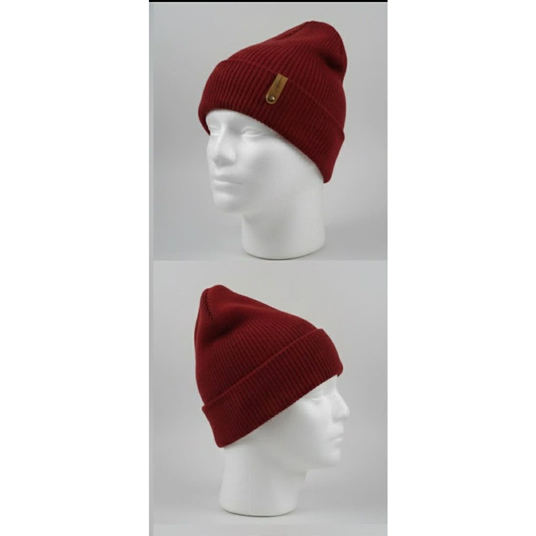 Other New Burgundy Red Knit Beanie Hat Leather Patch Cuffed Winter Size ONE SIZE - 3 Thumbnail