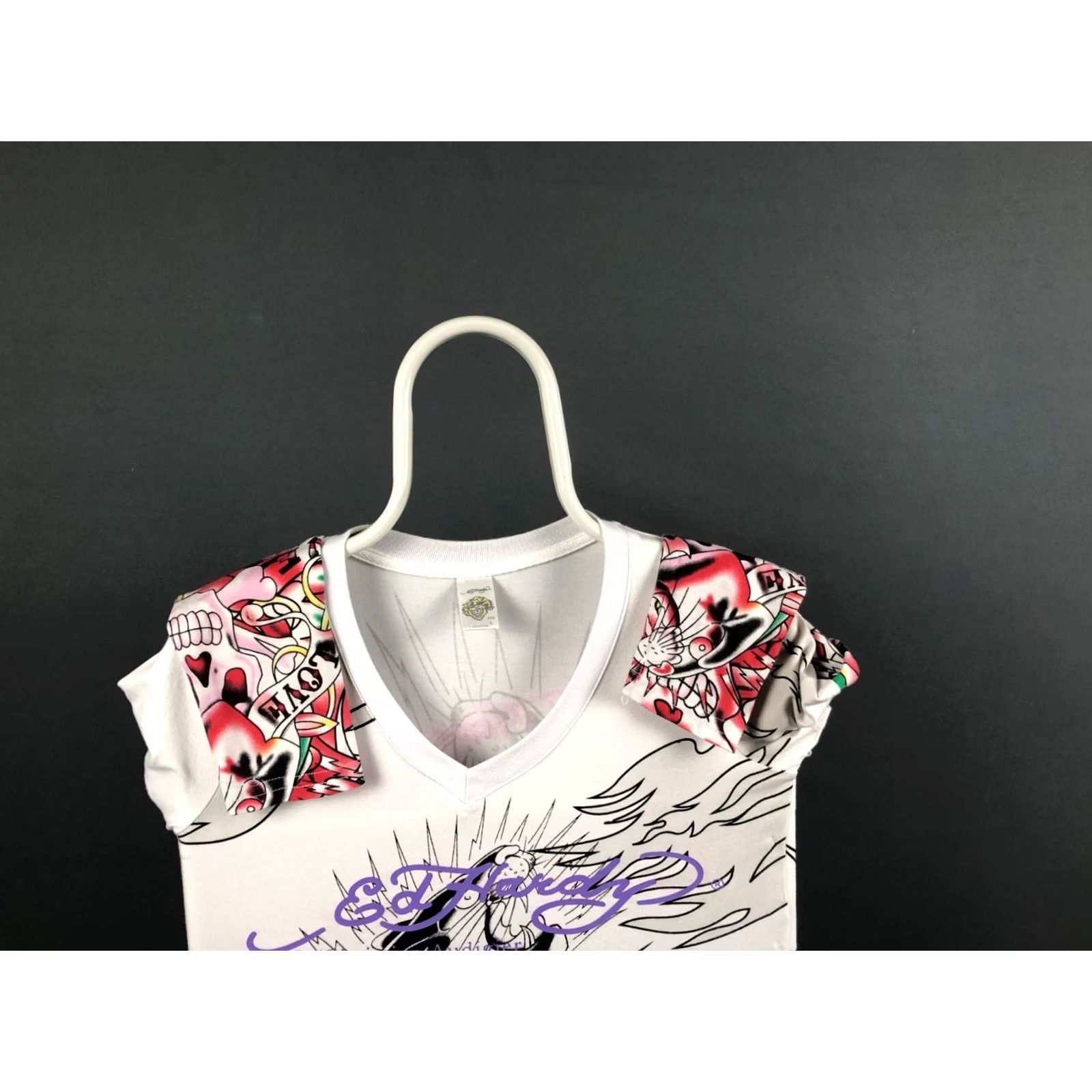 Ed Hardy Ed Hardy Women's T-Shirt Size L White 100% Cotton Long Sleeve V-Neck Rhinestone Signature Logo Rose Casual Shirt Womens Size L / US 10 / IT 46 - 6 Thumbnail