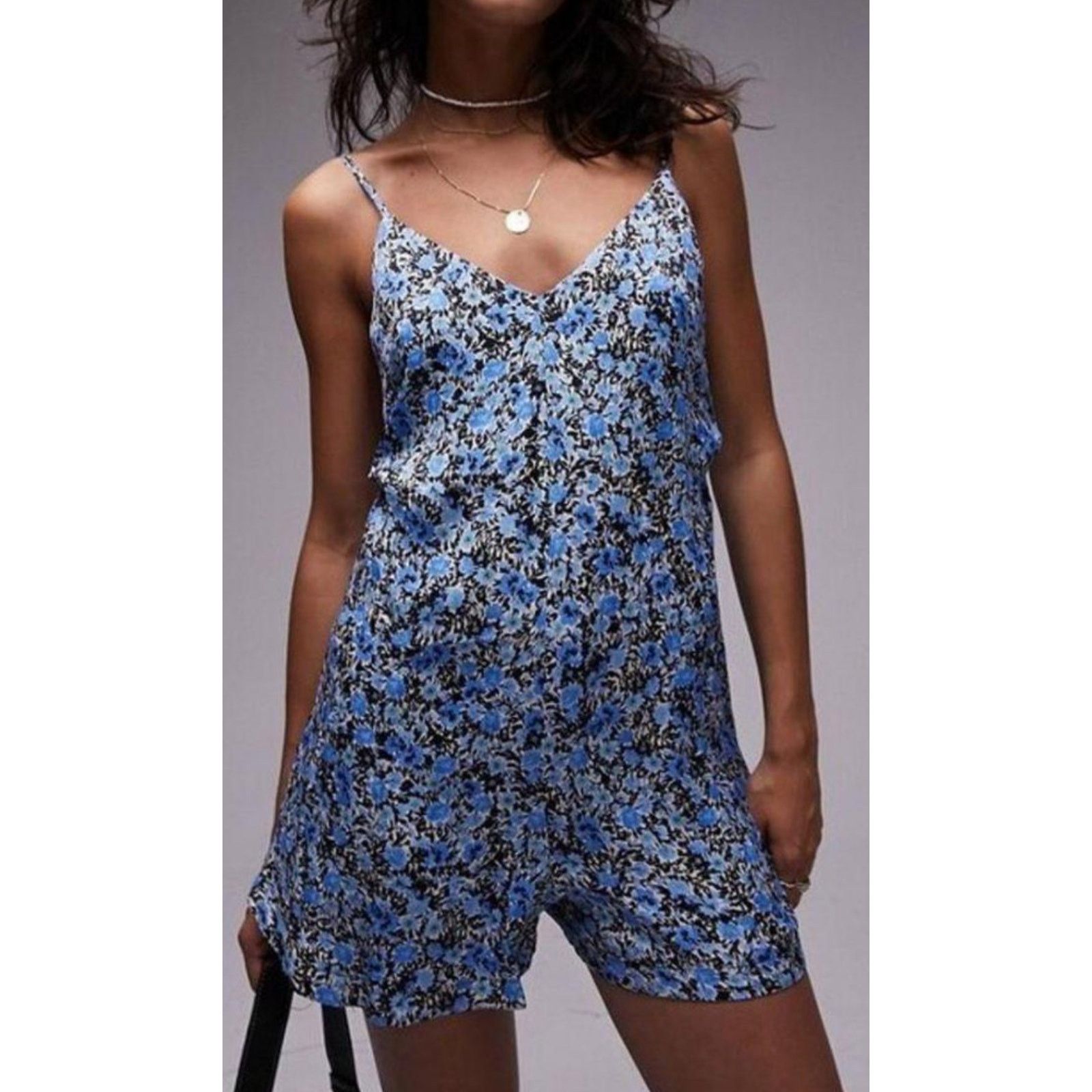 Topshop Topshop Women's Blue Grunge Floral Satin Romper 10 NWT Size 32" / US 10 / IT 46 - 1 Thumbnail