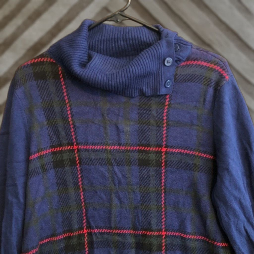 Talbots Talbots Womens Sweater Blue Multicolor Plaid Split Cowl Neck Stretch Large Size L / US 10 / IT 46 - 1 Thumbnail