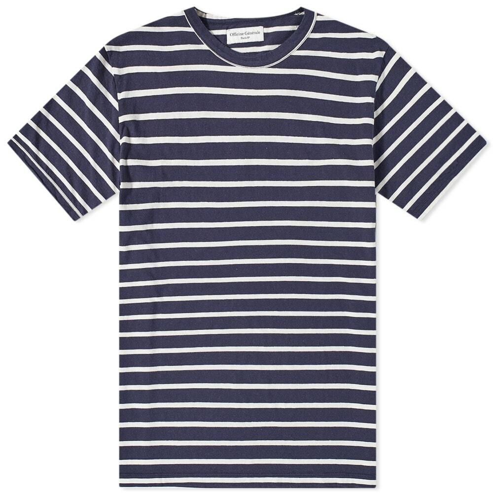 Officine Generale o1mle1025 Stripe Slub Cotton Short Sleeve T-Shirt Ecru Blue Size US M / EU 48-50 / 2 - 1 Thumbnail