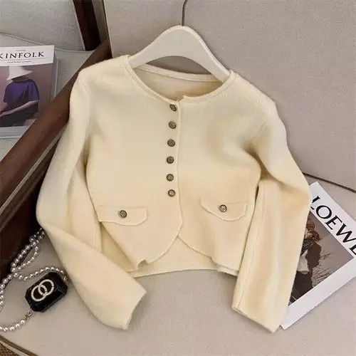 image of Long Sleeve Round Neck Cardigan Knit Sweater in Apricot, Women's (Size Medium)