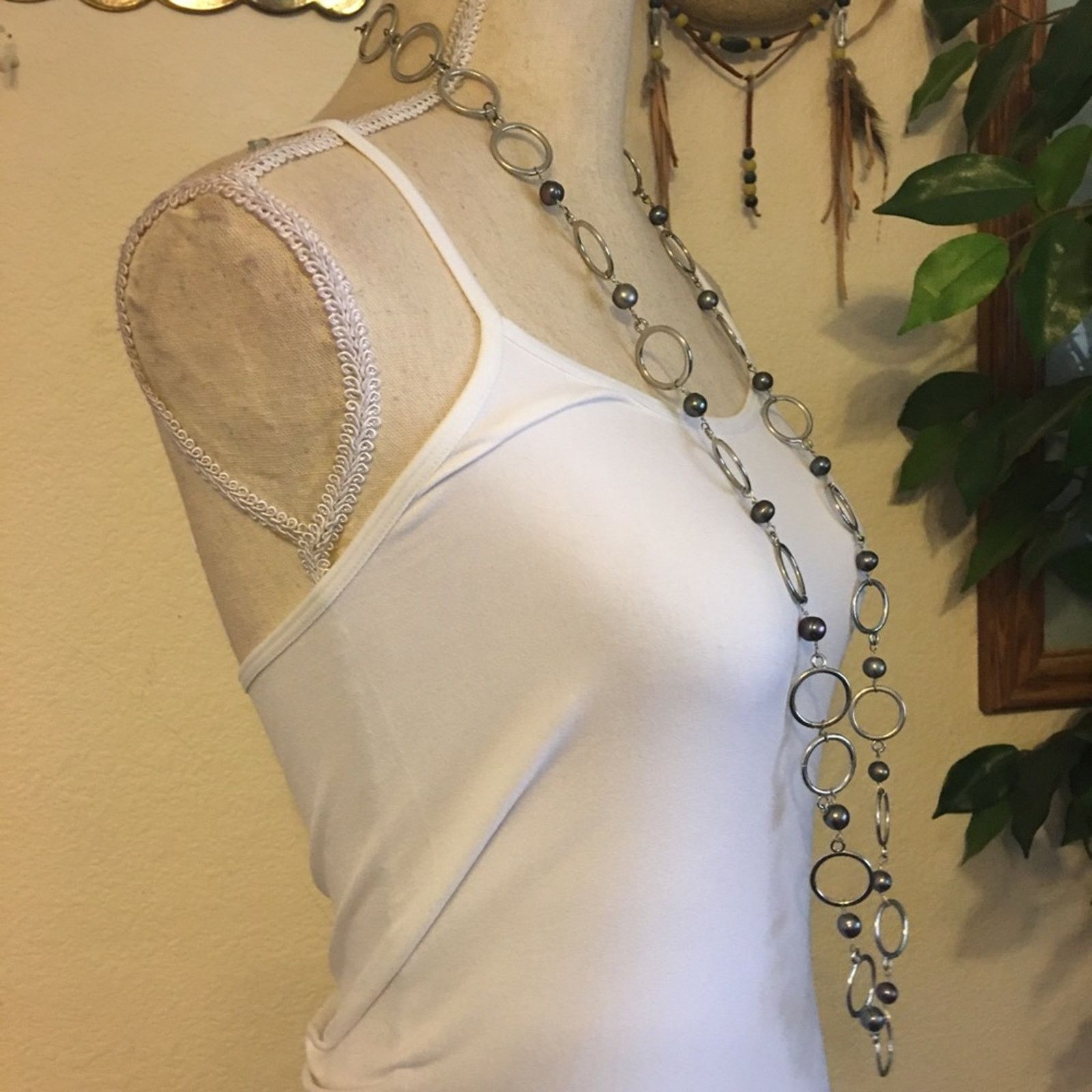 Jewelry Silver links with pearl accent long necklace Size ONE SIZE - 2 Thumbnail
