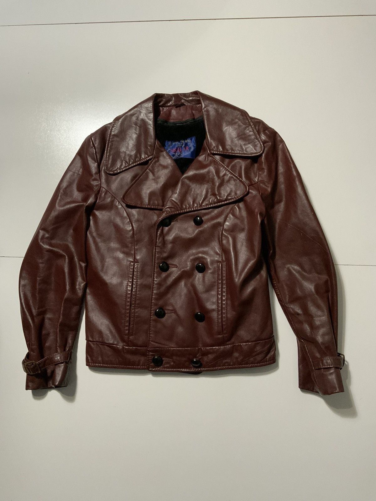 image of Vintage VTG 70's 80's Skalar Double Breasted Cropped Leather Jacket in Maroon, Men's (Size Small)