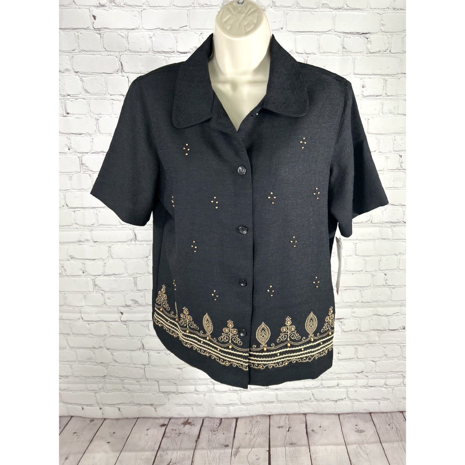 Vintage NWT Alfred Dunner Black Beaded Embroidered Shoulder Padded Shirt Women’s 8 Size M / US 6-8 / IT 42-44 - 2 Thumbnail