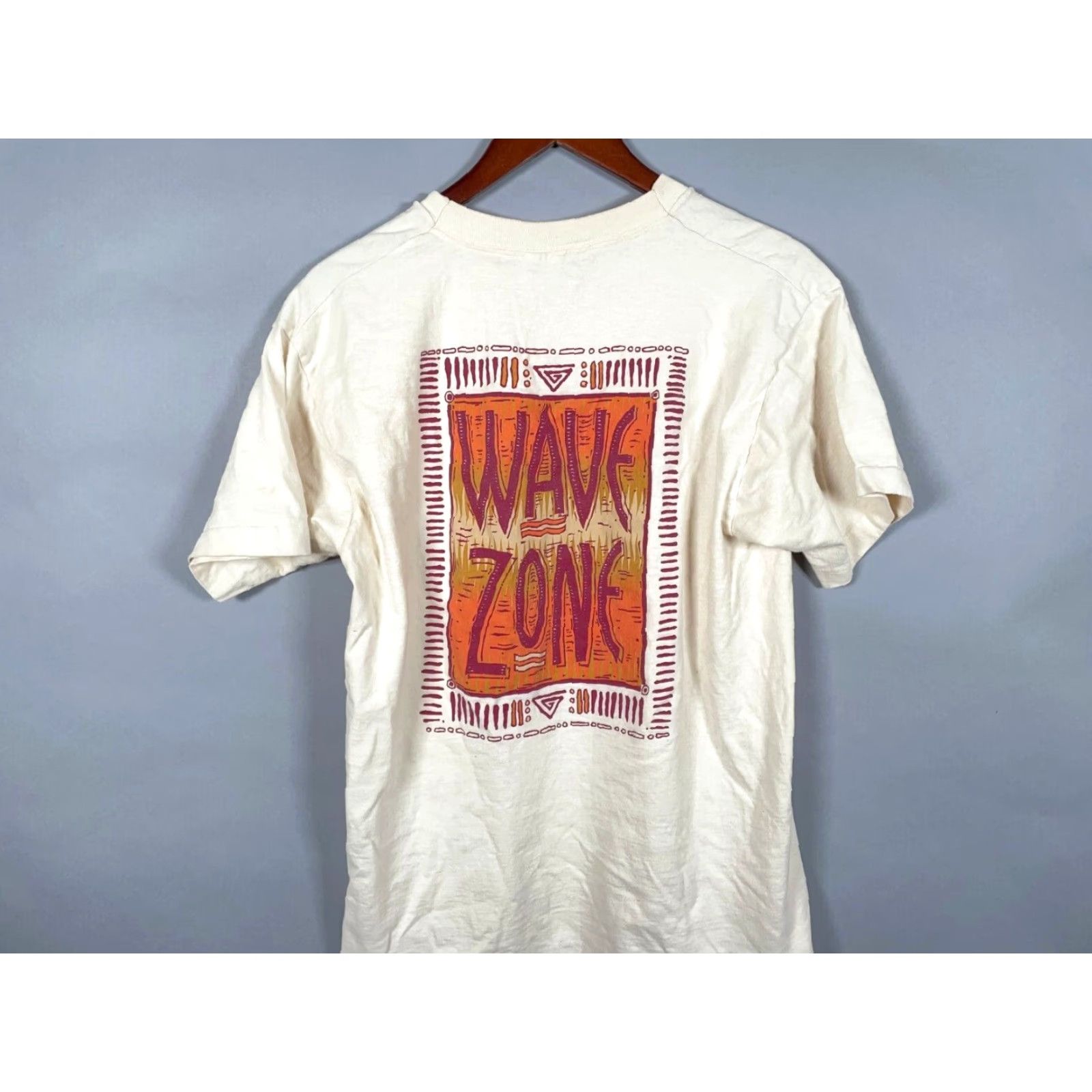 Fruit Of The Loom Vintage 90s Wave Zone T-Shirt Adult Medium Ivory Double-Sided Surf Beach Retro Cotton Men's Size US M / EU 48-50 / 2 - 4 Thumbnail