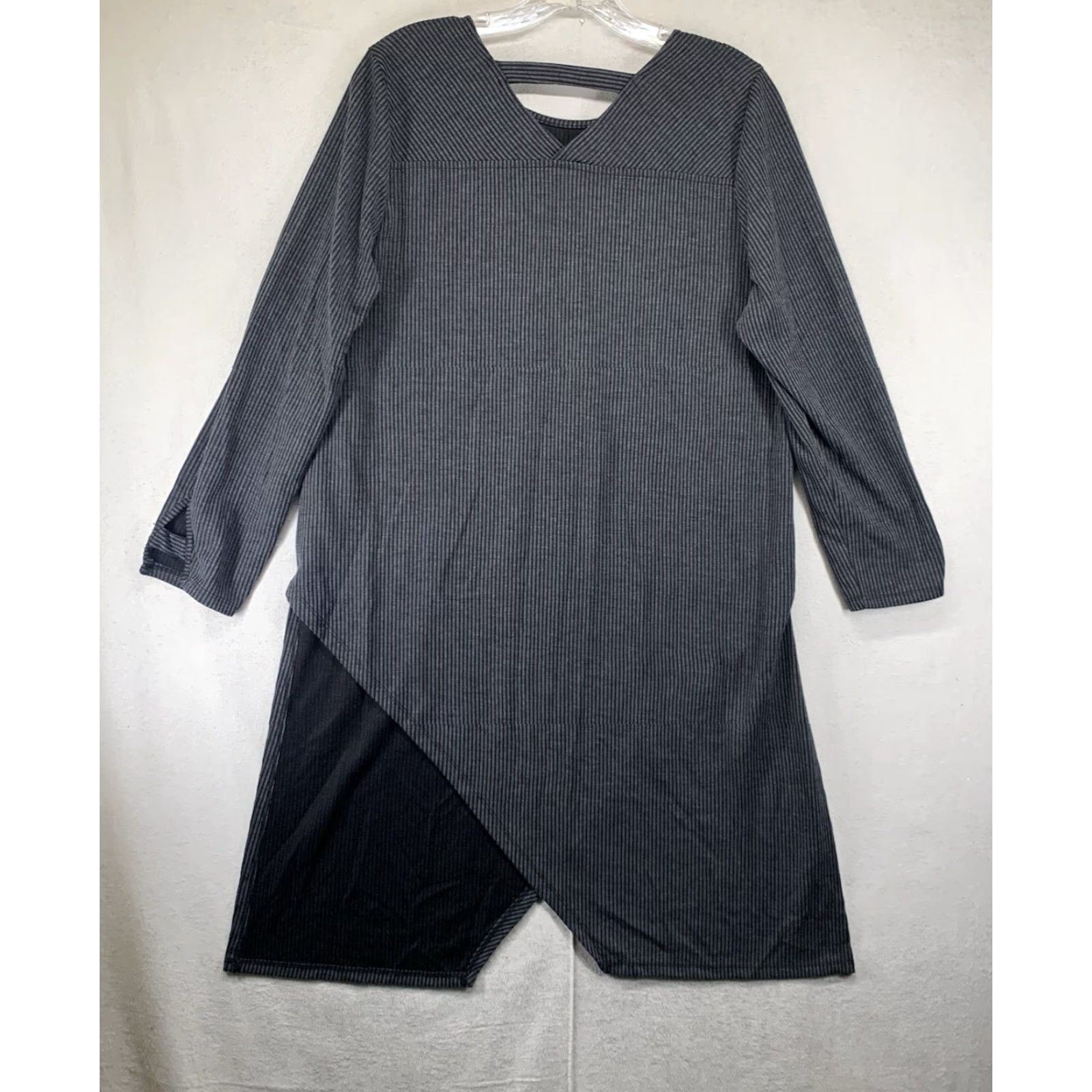 Vintage Mittoshop Ladies Shift Dress M Gray Striped Natural Neutral Lagenlook Rayon Size M / US 6-8 / IT 42-44 - 2 Thumbnail
