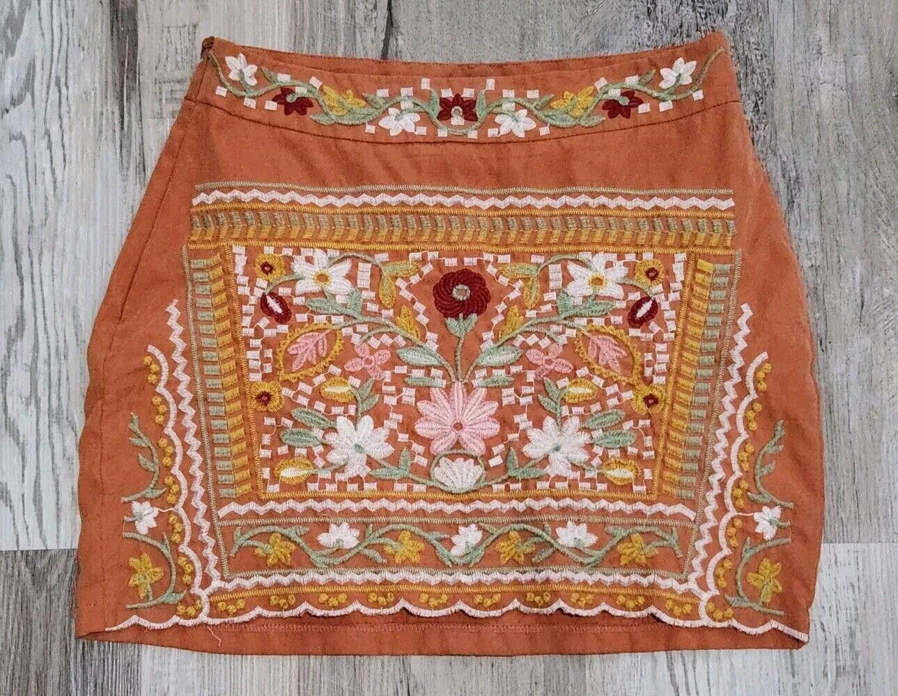Shein Shein Mini Skirt Large Orange Embroidered Boho Hippie Floral Size 36" / US 14 / IT 50 - 1 Thumbnail