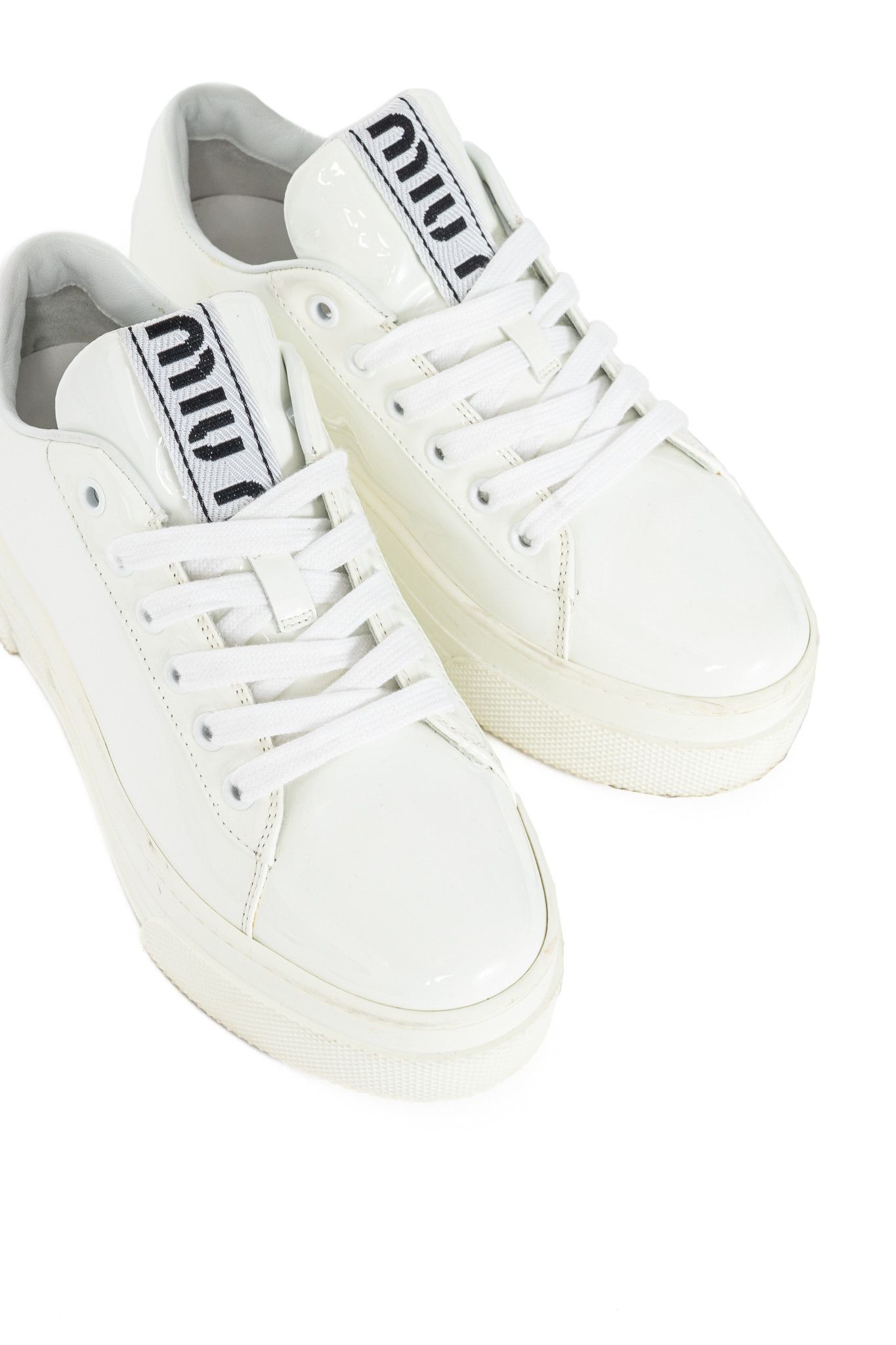 Miu Miu Miu Miu White Patent Crystal-Platform Lace-Up Sneakers Size US 5.5 / IT 35.5 - 6 Thumbnail