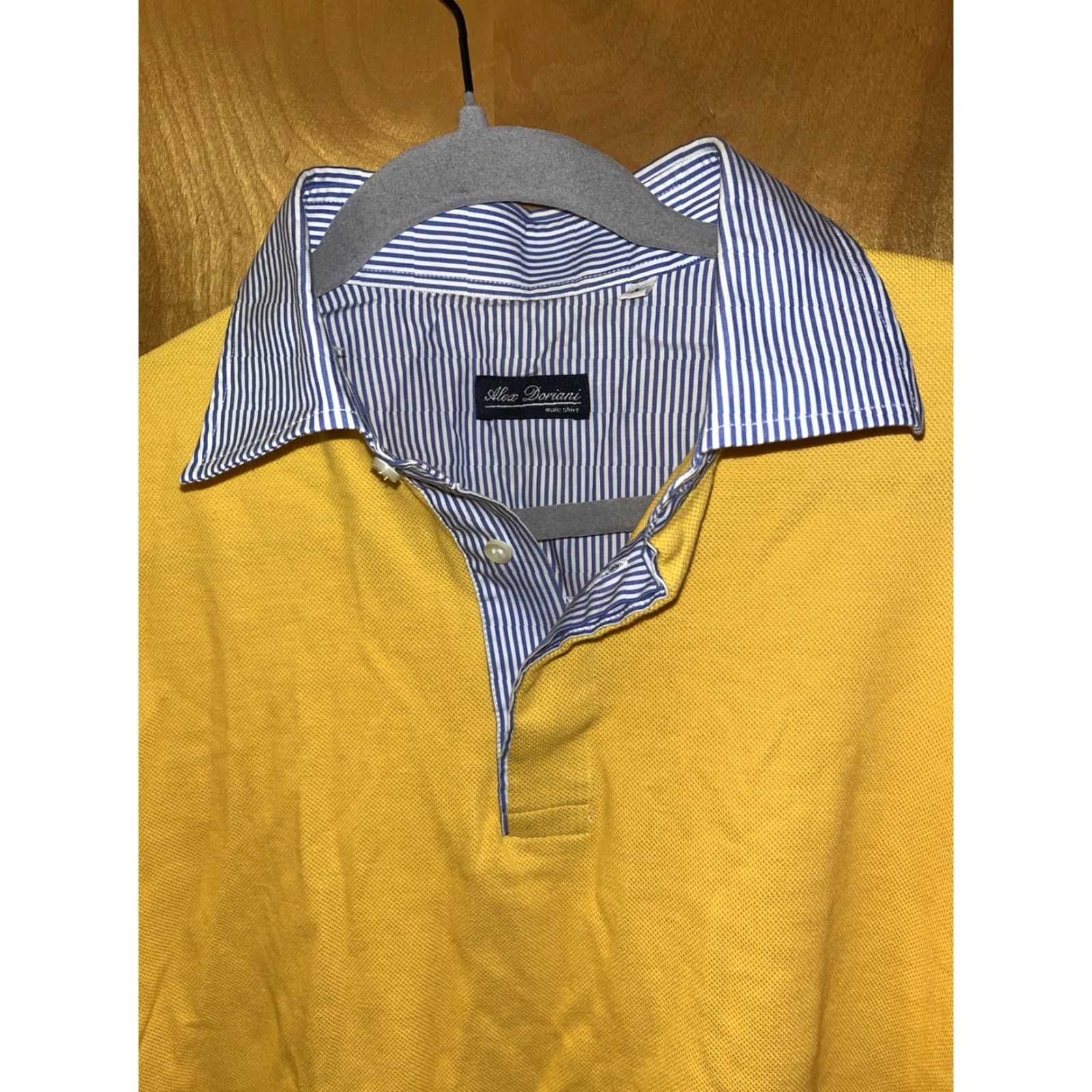 Vintage Mens Large ALEX DORIANI Yellow Polo Blue Stripe Collar 100% Cotton Size US L / EU 52-54 / 3 - 4 Thumbnail