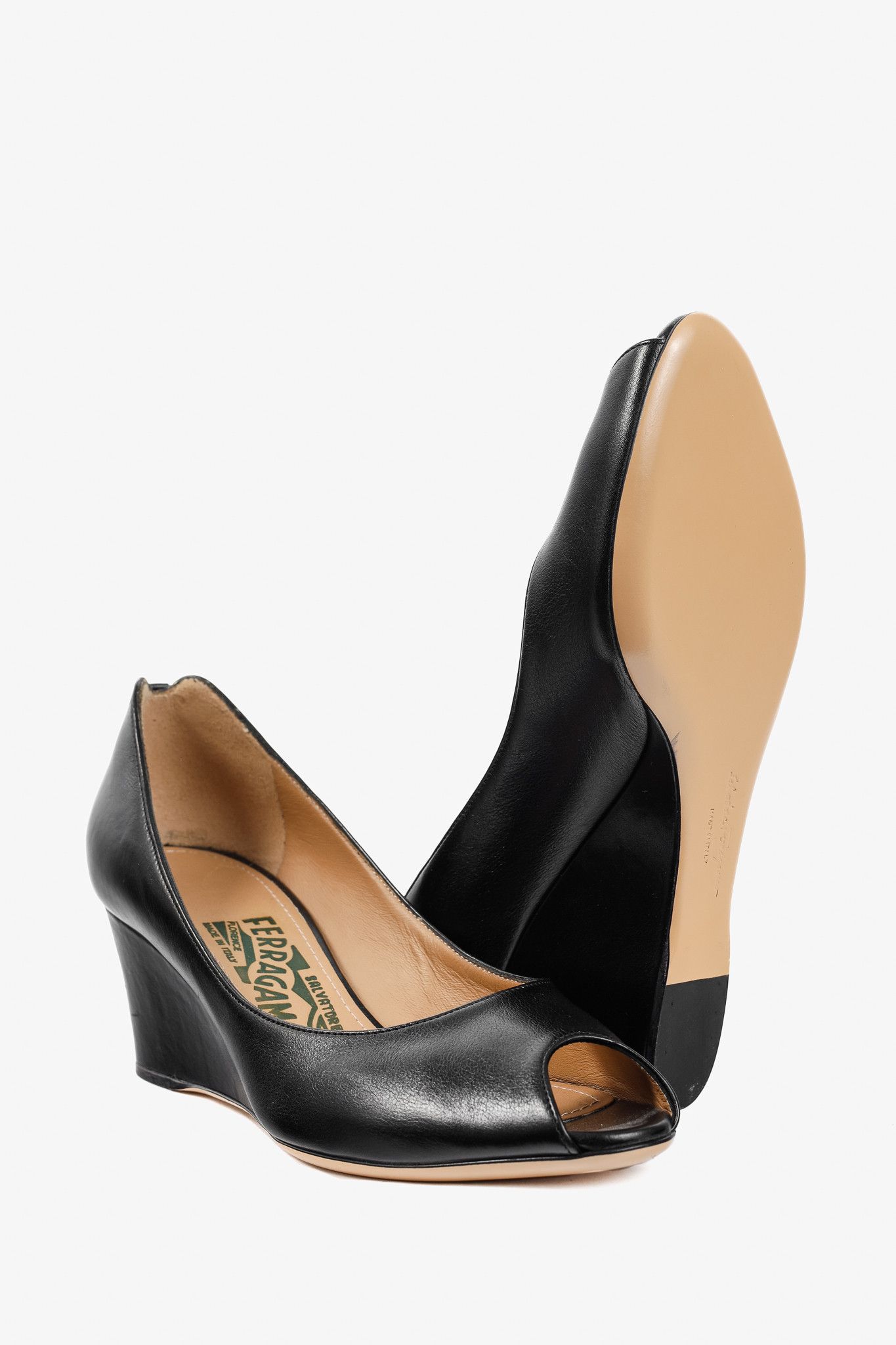 Salvatore Ferragamo Salvatore Ferragamo Pearlette Black Peep-Toe Wedge Heels Size US 6 / IT 36 - 4 Thumbnail