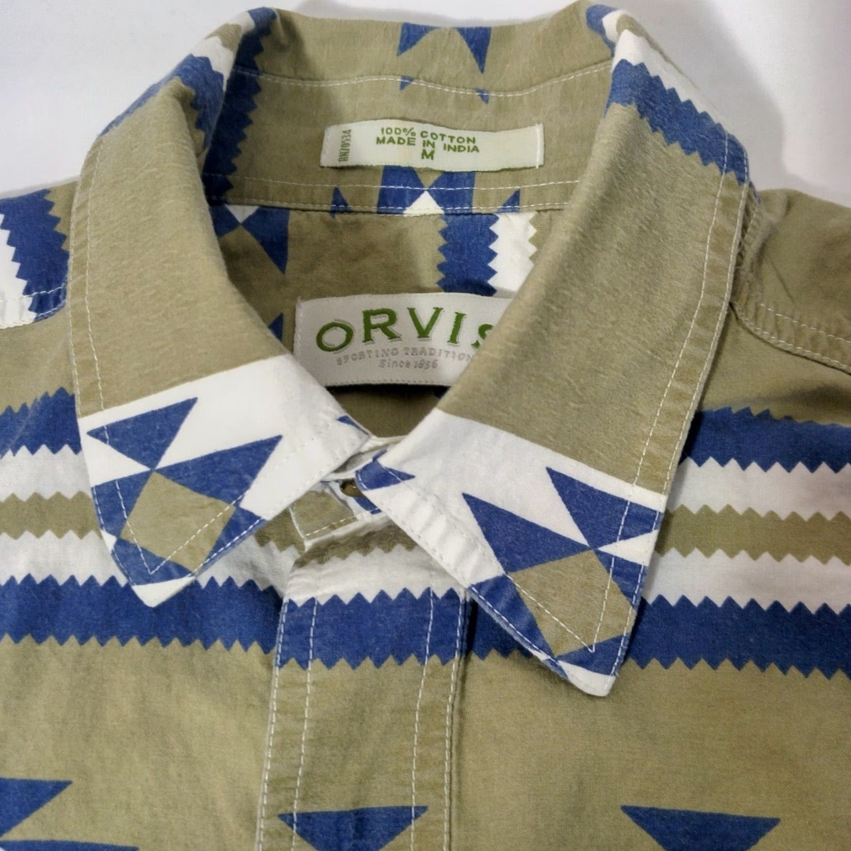 Orvis Orvis Shirt Men M Southwest Geometric Tan Blue Stripe Short Sleeve Western READ Size US M / EU 48-50 / 2 - 7 Thumbnail