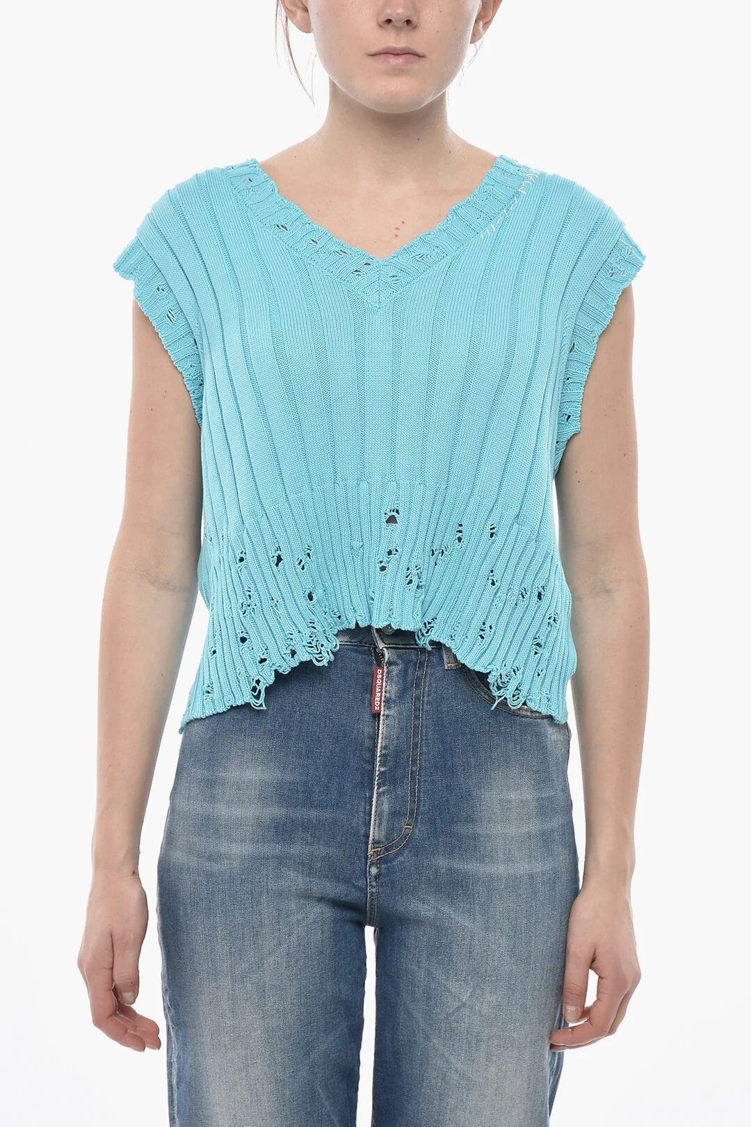 Marni og1mm0326 V-neck Distressed Knit Vest in Light Blue Size M / US 6-8 / IT 42-44 - 1 Thumbnail