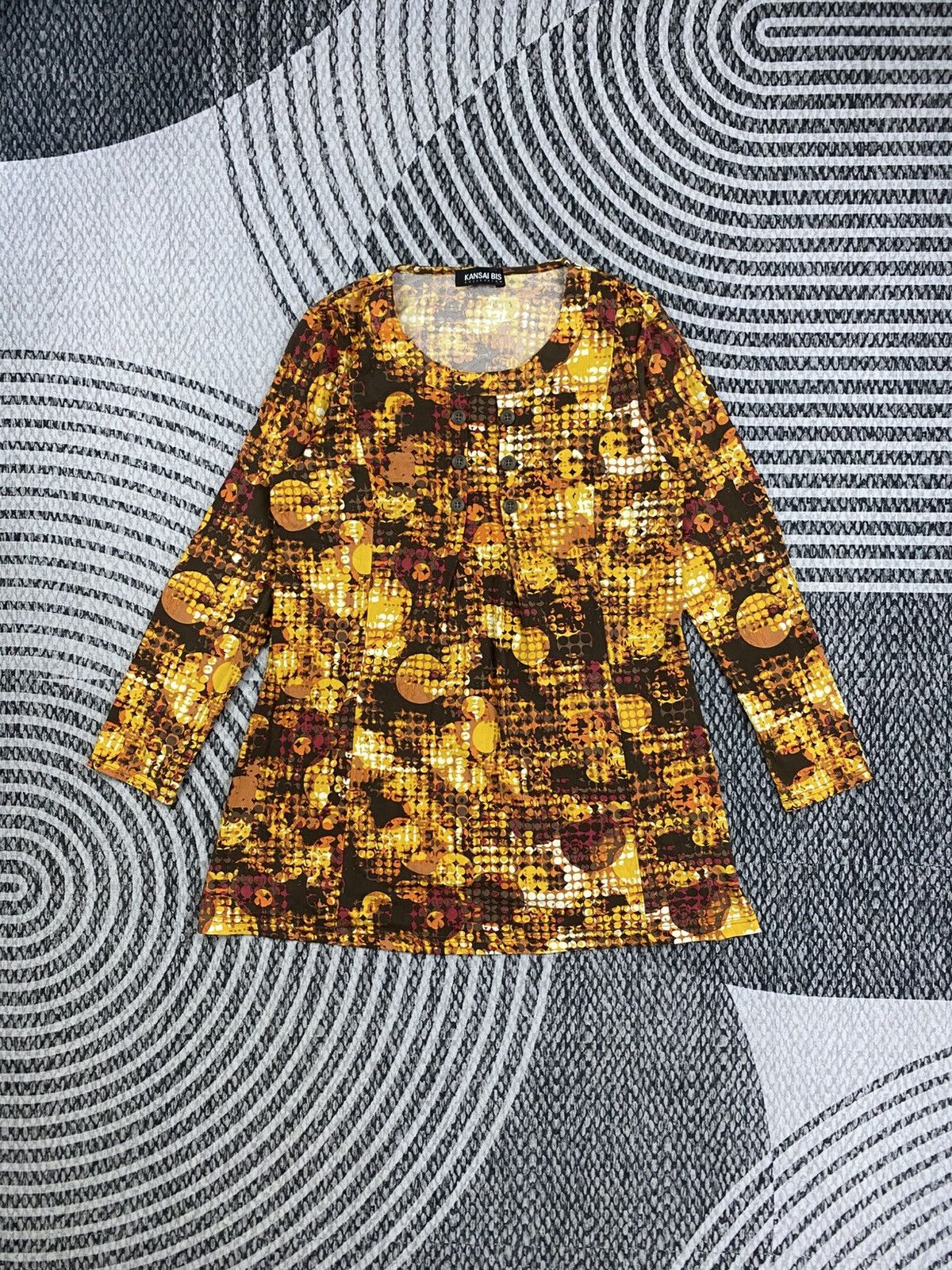 Kansai Yamamoto Vintage 70s Abstract Mustard Blouse Retro Geometric Print Size M / US 6-8 / IT 42-44 - 1 Thumbnail
