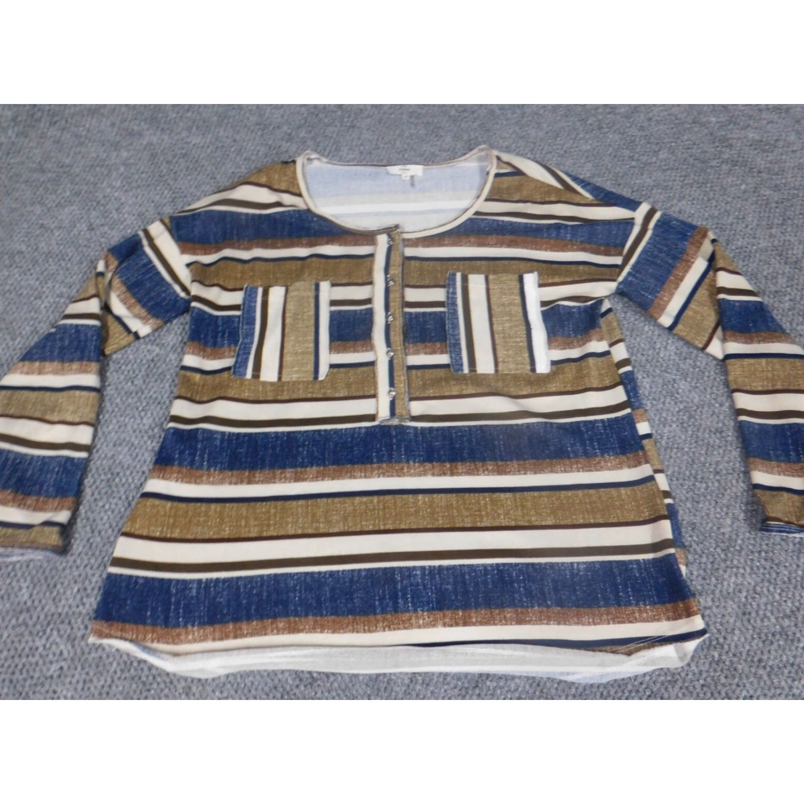 Vintage Entro Blouse Womens S Blue Pullover Round Neck Long Sleeve Striped Casual Polyester Open Pleated Modern Spring Regular Button-Down Collar Style Basic Size S / US 4 / IT 40 - 2 Thumbnail
