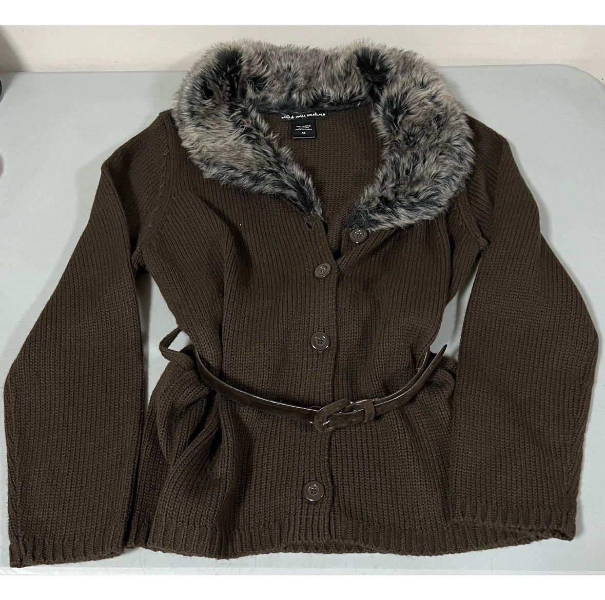 United Arrows Brown Knit Fur Button-Up Belted Sweater Cardigan Top XL 🤎✨ Size XL / US 12-14 / IT 48-50 - 6 Thumbnail