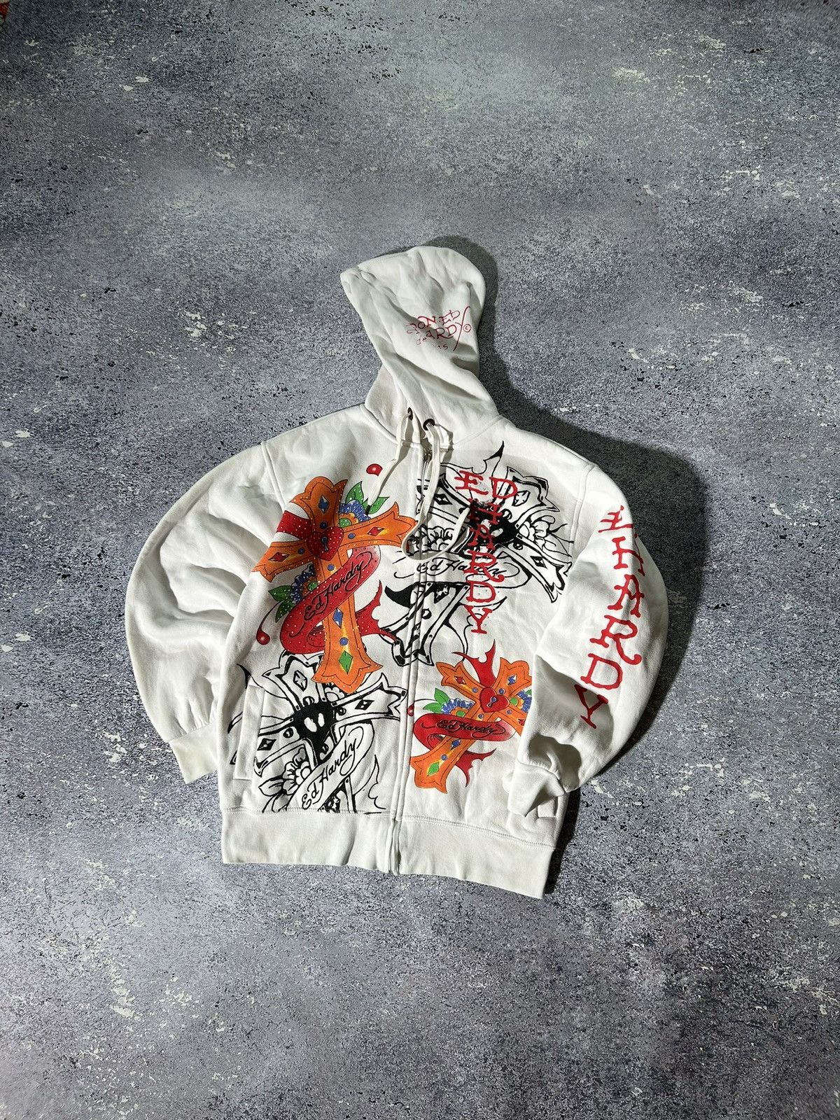 image of Ed Hardy Hoodie Y2K All Over Print Tattoo Skull in White, Men's (Size Small)