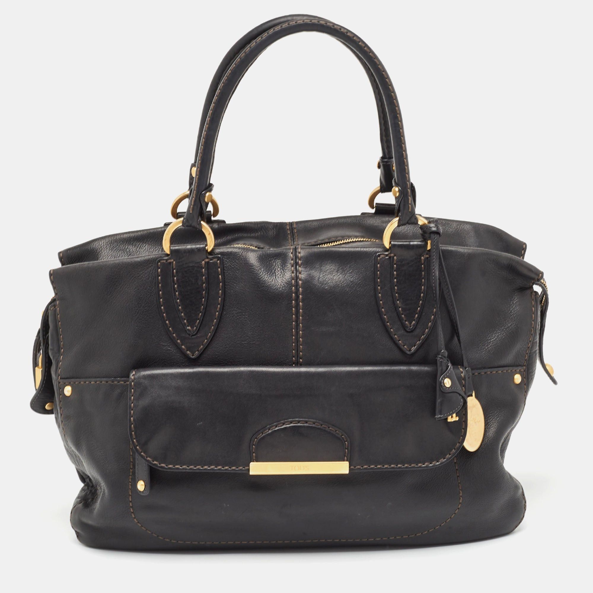 image of Tods Tod's Black Leather Front Pocket Satchel, Women's