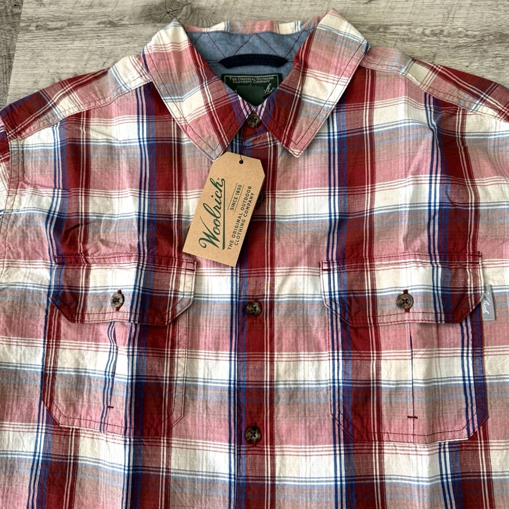 Vintage Woolrich Mens Large Dark Red Plaid Midway Yarn Button Up Short Sleeve Shirt Size US L / EU 52-54 / 3 - 6 Thumbnail
