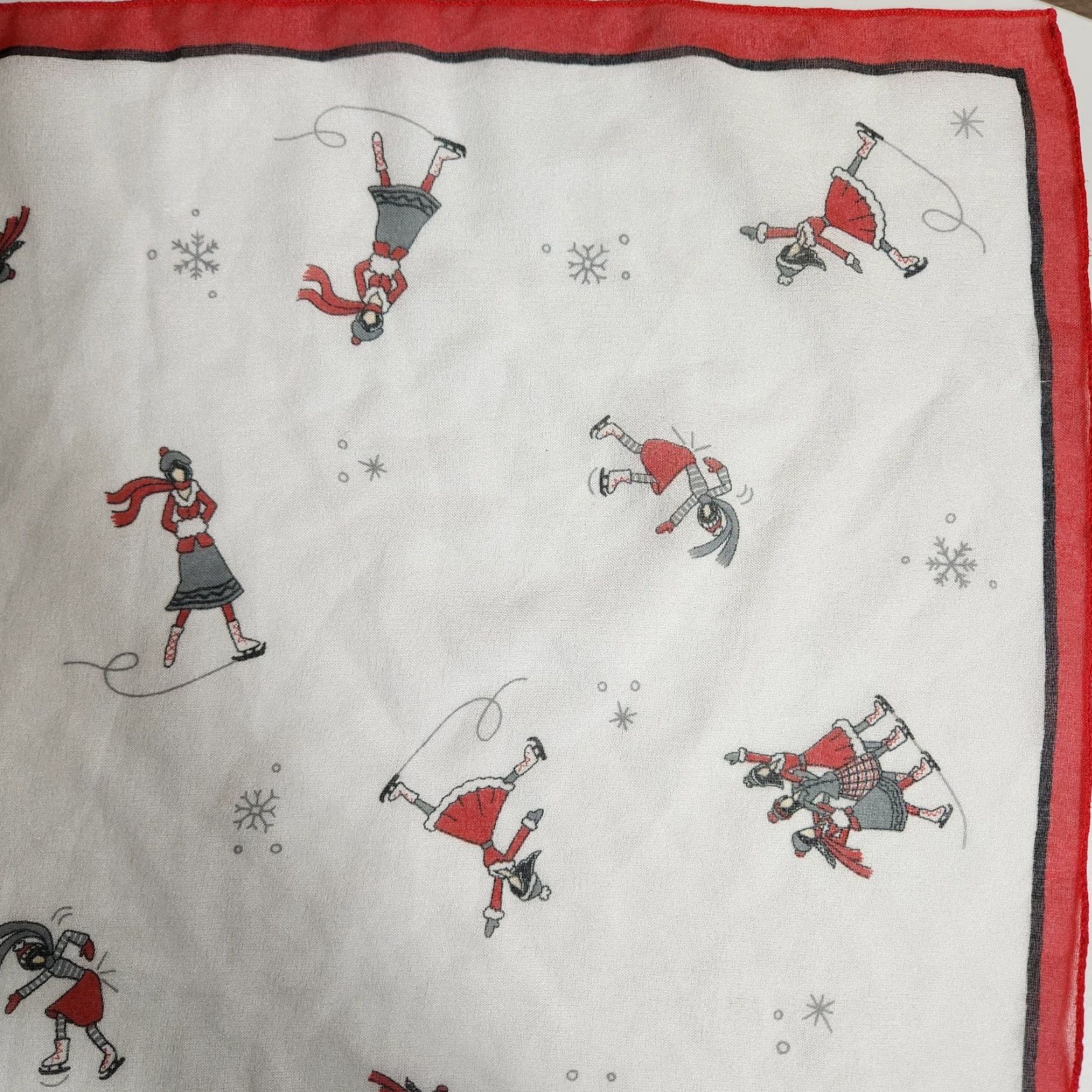 Vintage Winter Scene Iceskating Snowflakes 100% Polyester Square Scarf-20x20" Ivory Red Women Scarf Winter Chiffon Square Size ONE SIZE - 4 Thumbnail
