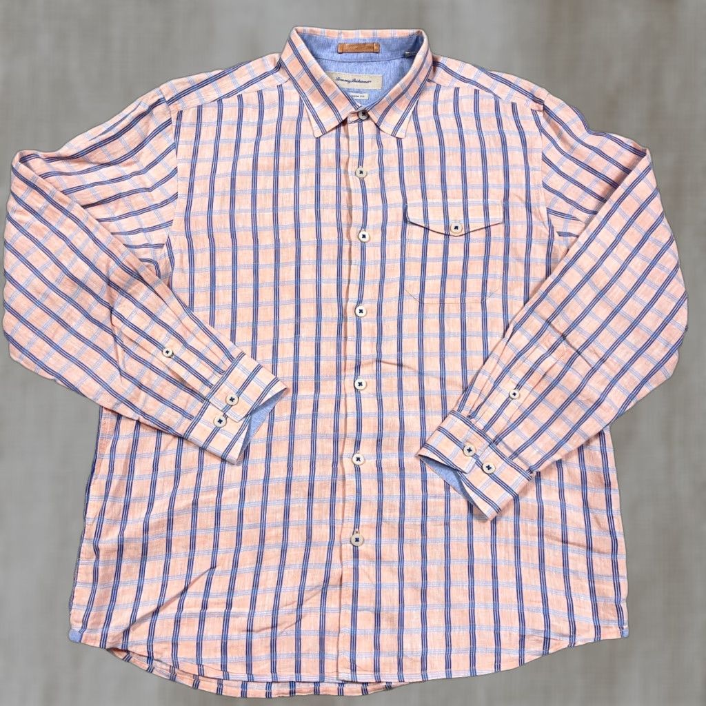 Tommy Bahama Tommy Bahama Shirt Men Large Orange Plaid Linen Button Up Island Modern Fit Size US L / EU 52-54 / 3 - 1 Thumbnail