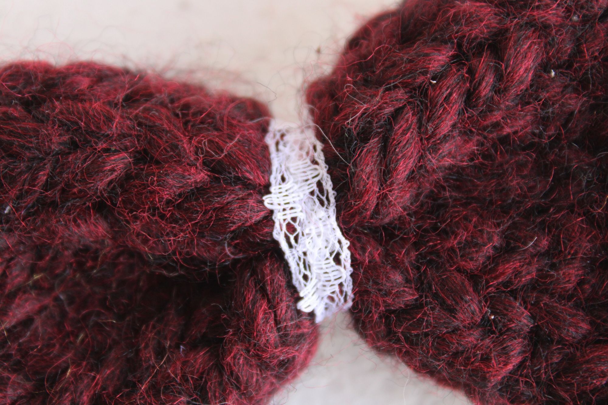 Handmade Hand Knit Hair Bow on Clip, Dark Red with Vintage White Lace Size ONE SIZE - 9 Thumbnail