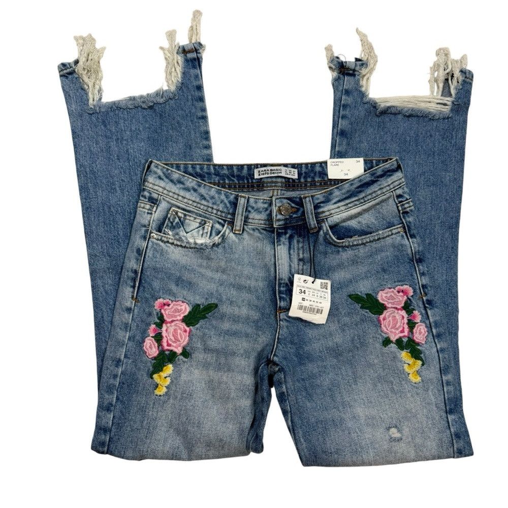 Zara NWT New Zara Floral Embroidered Distressed Ankle Jeans Size Size 26" / US 2 / IT 38 - 4 Thumbnail