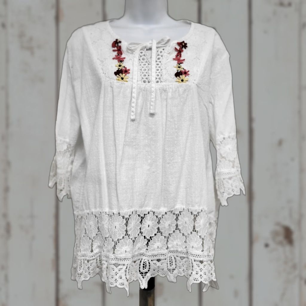 Vintage Embroidery Boho Linen Tops Shirt Womens XXL Bohemian Floral Embroidered Blouses Hippie Size XXL / US 16-18 / IT 52-54 - 1 Thumbnail