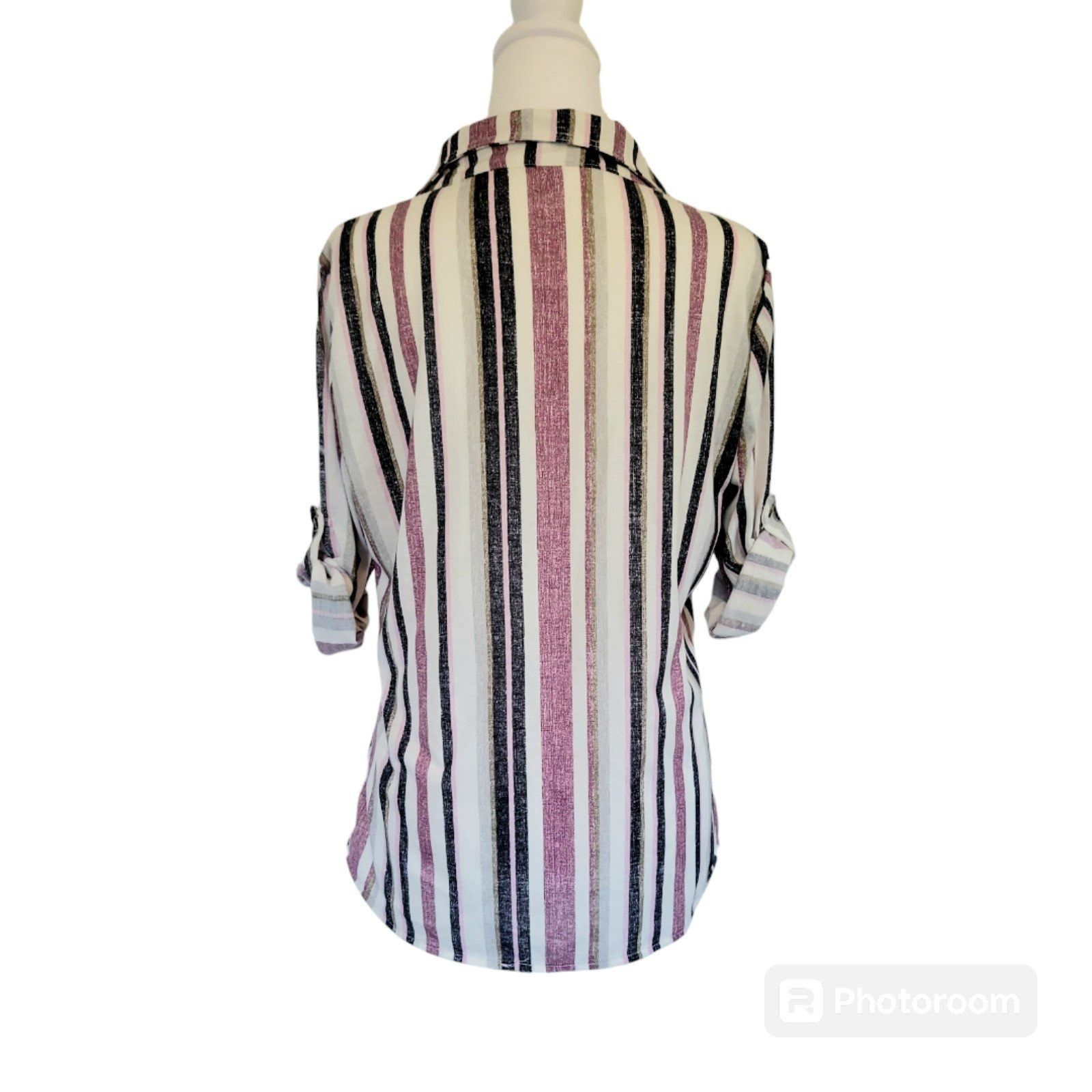 Other Womens M eden & Olivia purple striped 3/4 sleeve button tab Size M / US 6-8 / IT 42-44 - 2 Thumbnail