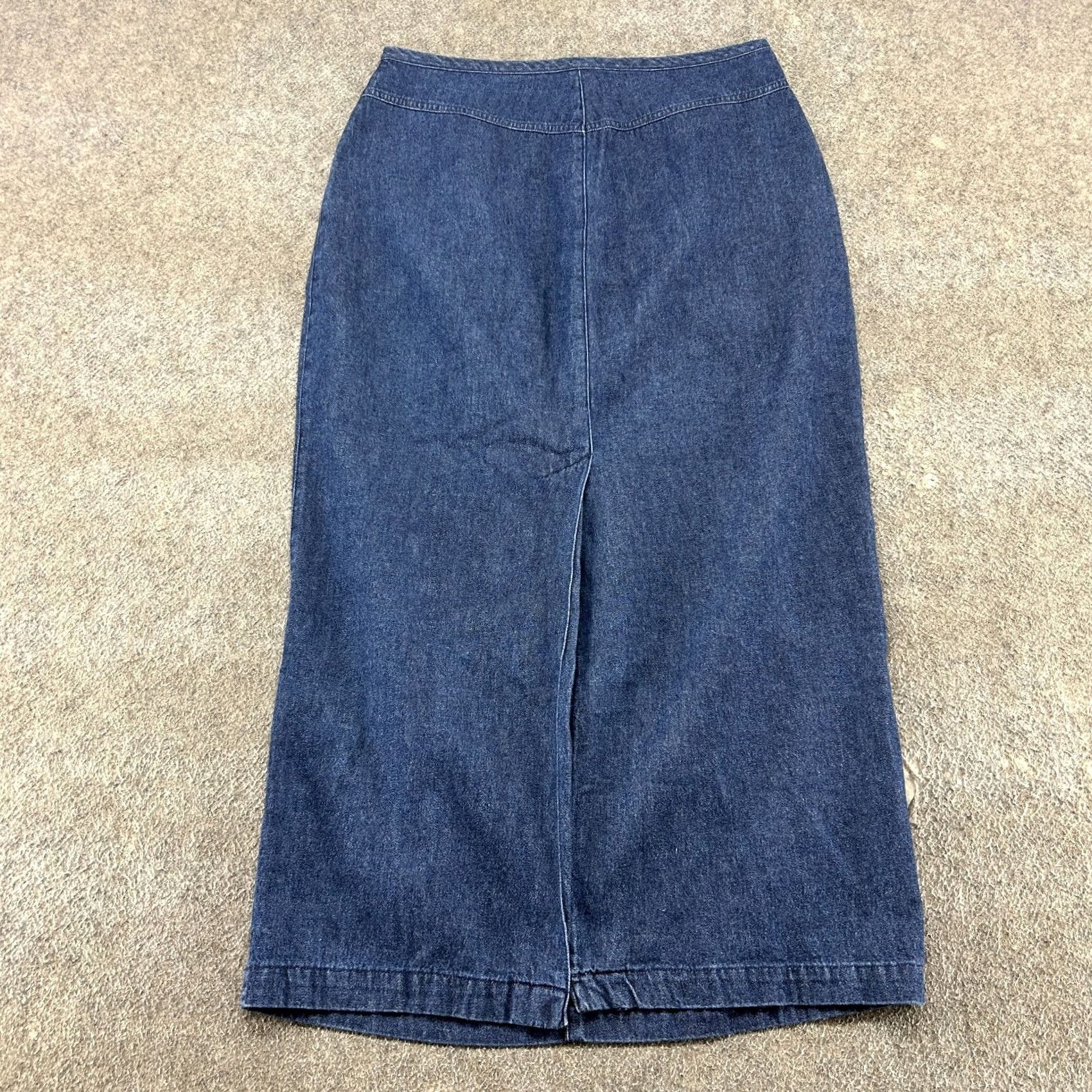 Denime VINTAGE Denim Maxi Skirt Womens 12 Waist Blue Long Pencil Dark Wash Cotton 90s Mermaid Button Pleated Pockets 80s 90s Theme Boys Girls Mens Womens Size 34" / US 12 / IT 48 - 3 Thumbnail