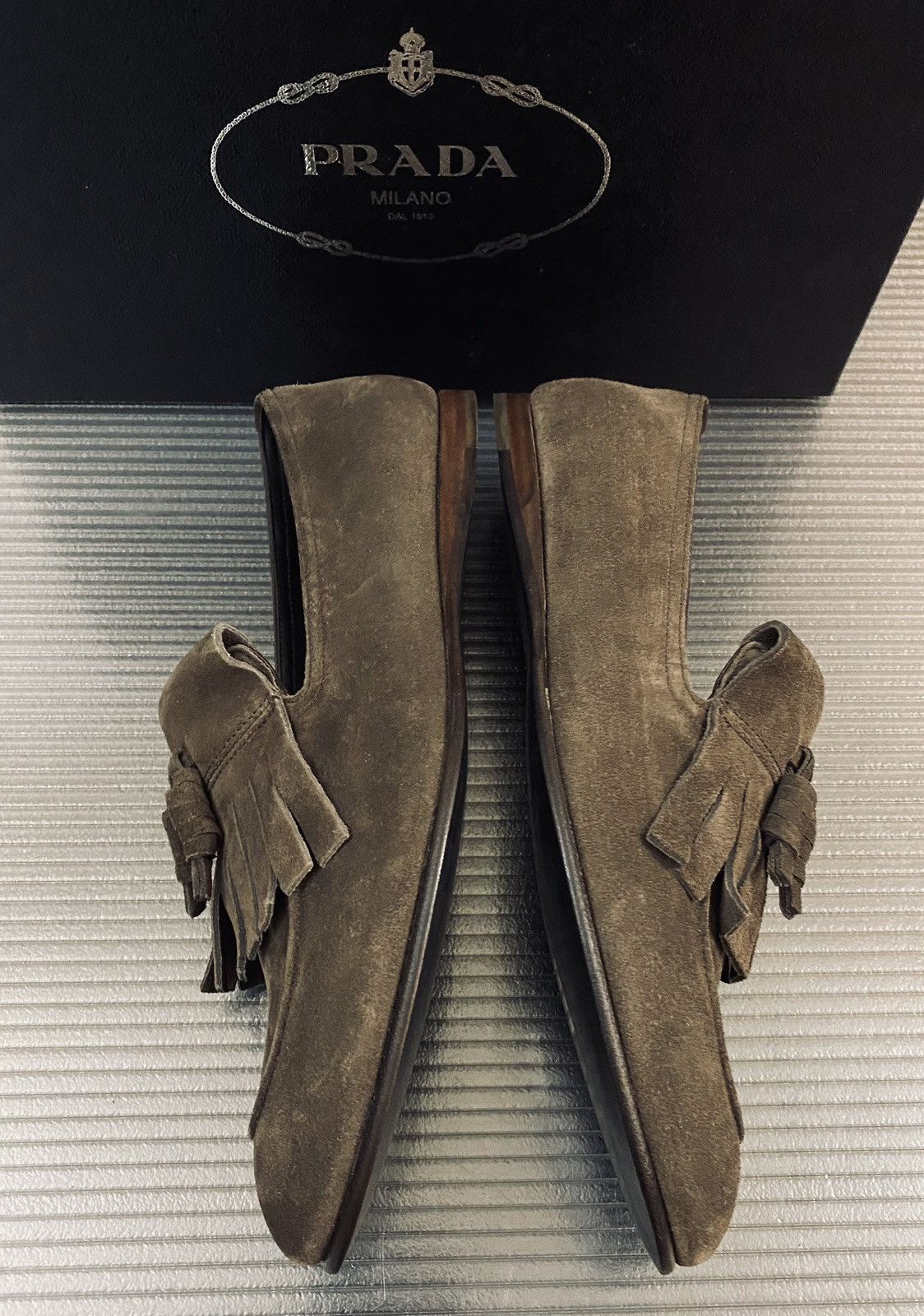 Prada Prada 🇮🇹 Grafite Suede Tasseled Kilt Slip On Loafer 8 NEW Size US 8 / EU 41 - 5 Thumbnail