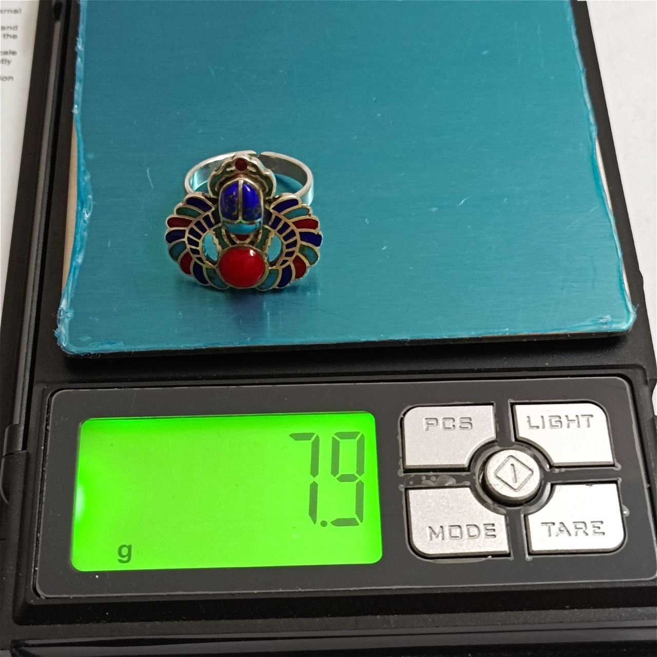 Sterling Silver 925 silver adjustable ring with scarab, turquoise, coral Size ONE SIZE - 4 Thumbnail