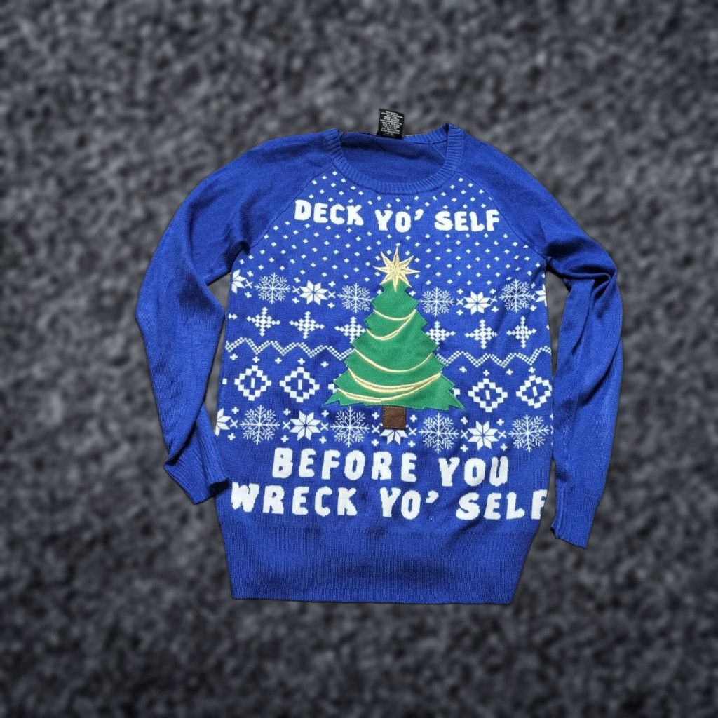 Vintage Well Worn Christmas Sweater Womens XS Deck Yourself Before You Wreck Yourself Pullover Crew Neck Christmas Ugly Sweater Blue Sequin Vintage No Size XS / US 0-2 / IT 36-38 - 1 Thumbnail