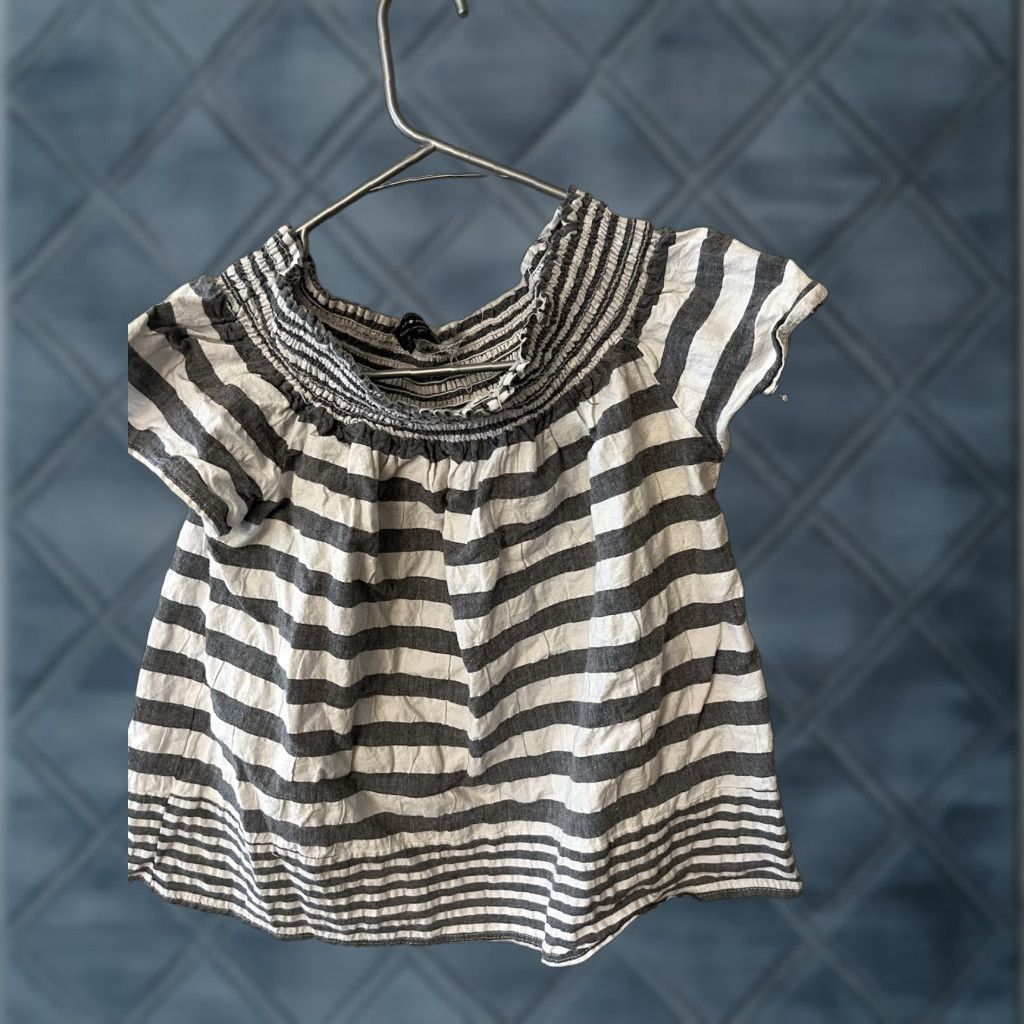 Lucky Brand Lucky Brand Blouse Shirt Short Sleeve Off the Shoulder Stripe Crop Gray S Womens Small Cropped striped off-shoulder 90s style? Size S / US 4 / IT 40 - 1 Thumbnail