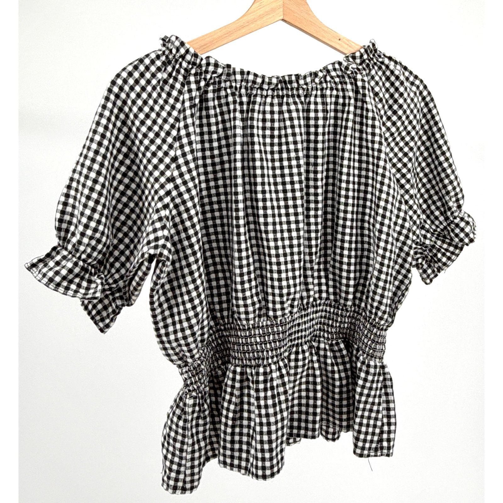 Buffalo David Bitton Black White Gingham Smocked Off-Shoulder Top Size S / US 4 / IT 40 - 5 Thumbnail
