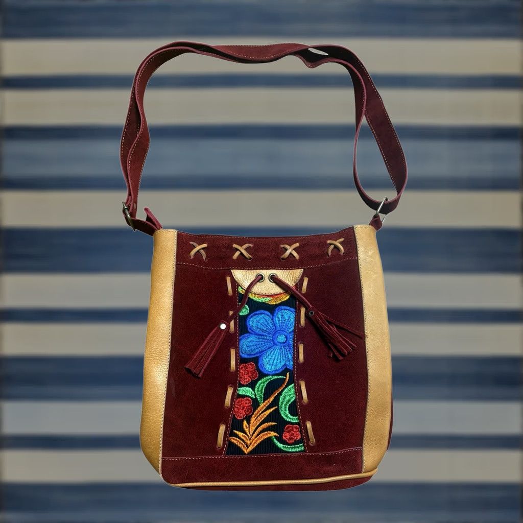 4SDESIGNS Terra Natural Designs Suede Leather Crossbody Purse Handbag Floral Bohemian Crossbody Bag Womens Small Natural Multicolor Strap 20in 10in 9in Wide Size ONE SIZE - 1 Thumbnail