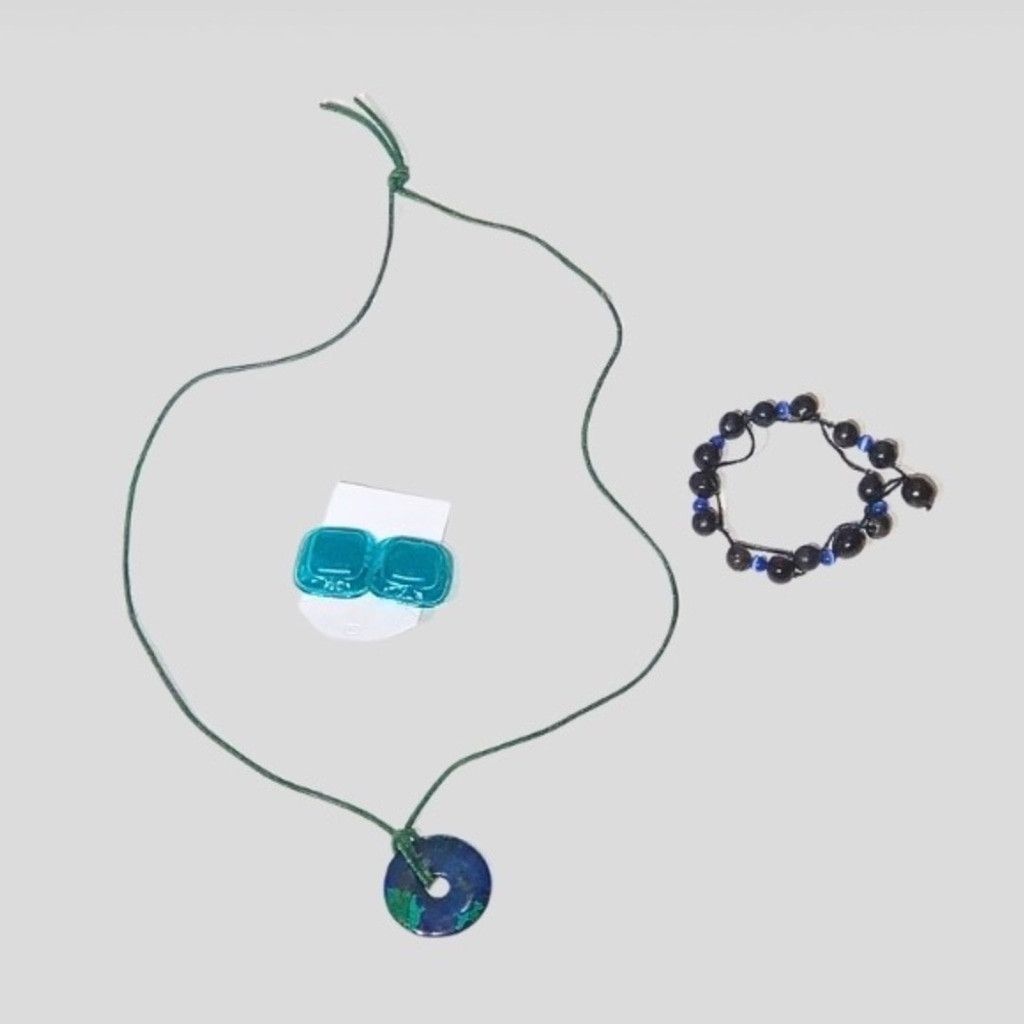 Vintage Necklace Bracelet Earrings Jewelry Set Stone Pendant Blue OS Size ONE SIZE - 1 Thumbnail