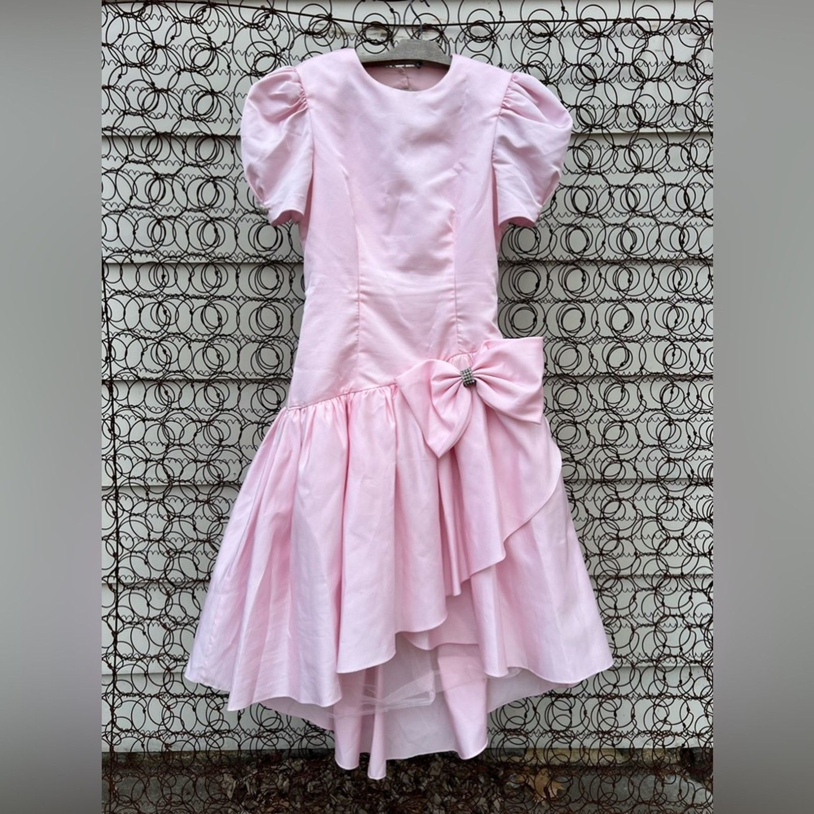 image of Vintage Betsy & Adam Pink Drop Waist Puff Sleeve Ruffle Prom Dress, Women's (Size Small)