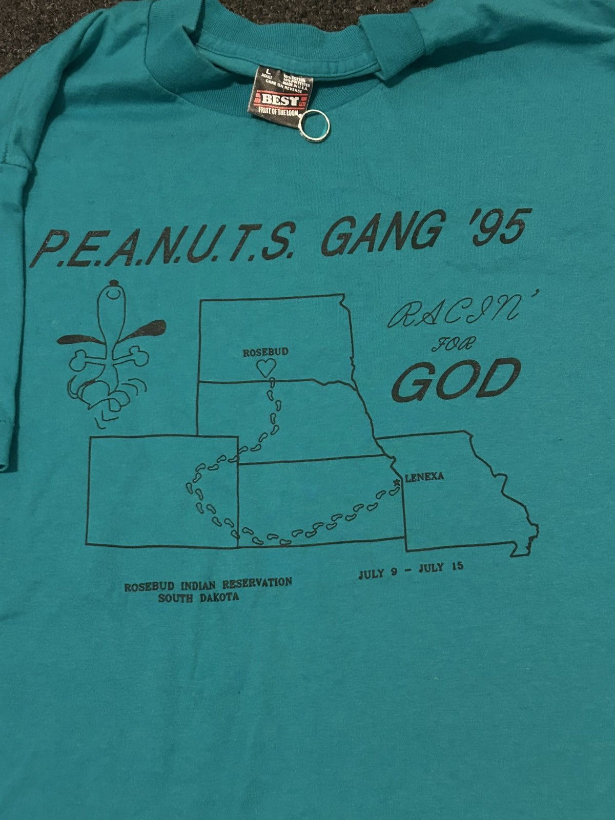 Vintage 1995 Racin For God Peanuts Gang Snoopy Large turquoise Tee Size US L / EU 52-54 / 3 - 3 Thumbnail