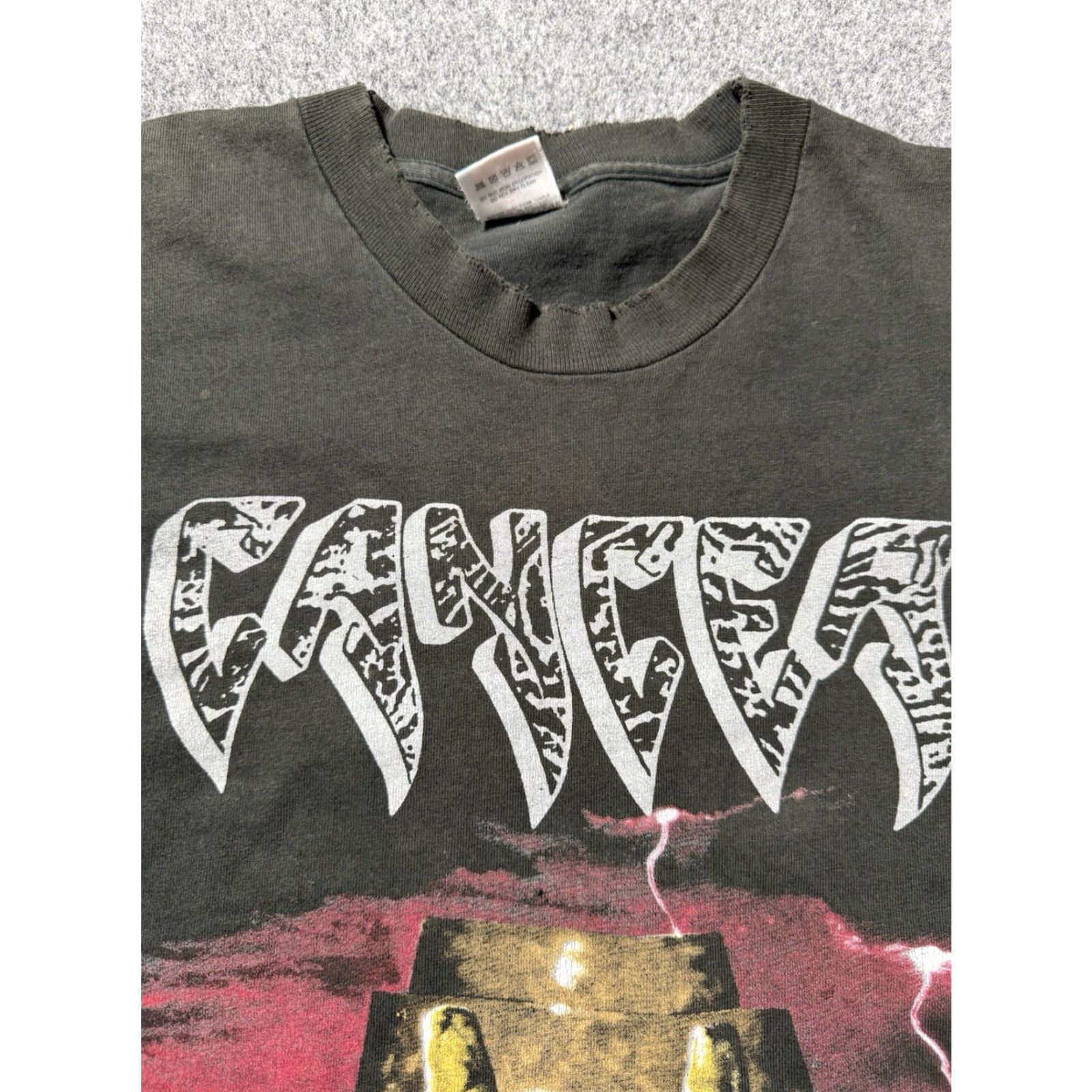 Fruit Of The Loom VINTAGE 1993 Cancer Sins Of Mankind T-Shirt Size XL Death Metal Thrash Fruit of the Loom Crew Neck Short Sleeve Cotton Men Band Music Rock Faded black Size US XL / EU 56 / 4 - 4 Thumbnail