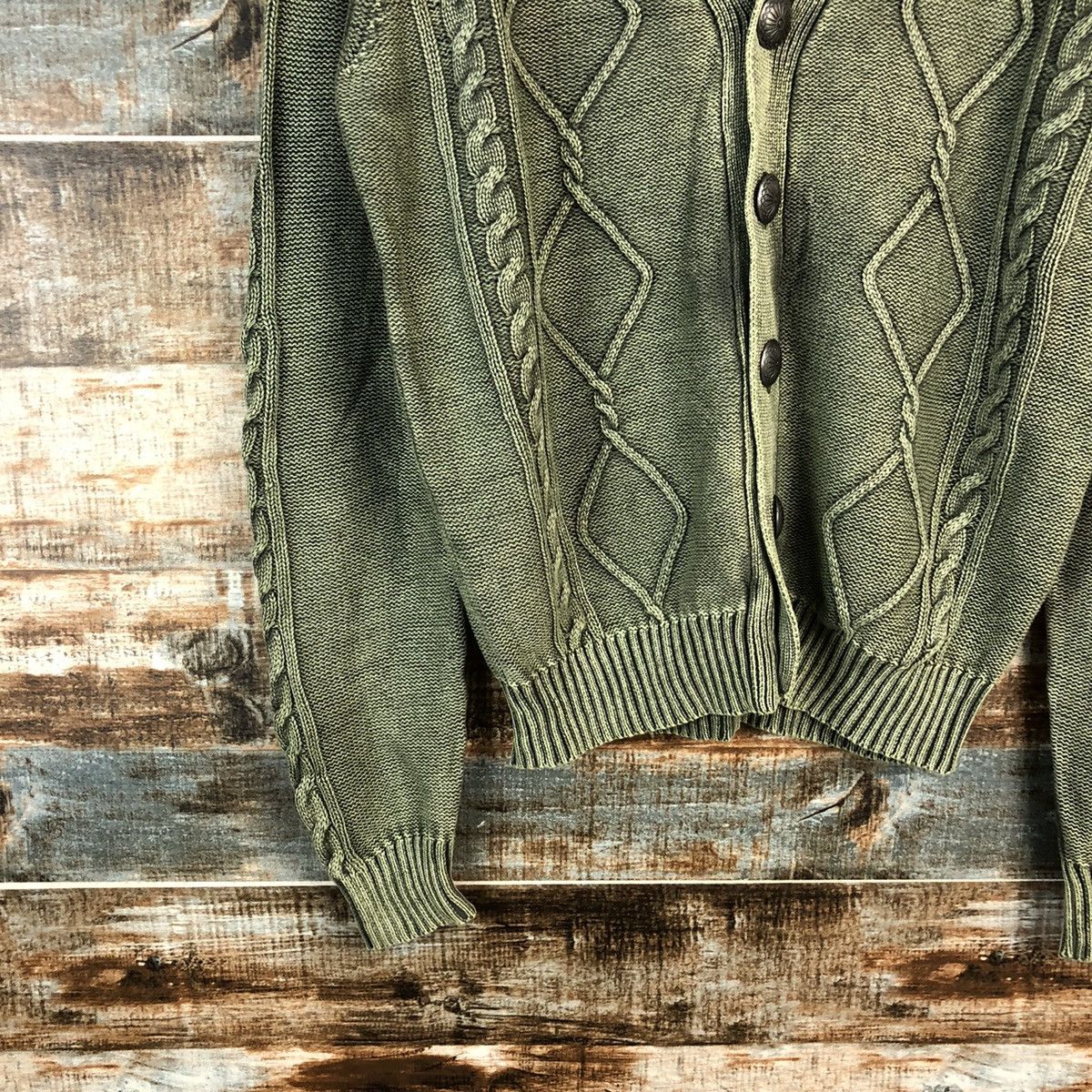 Vintage DL In Crew Sive Green faded Cardigan Knitwear #C494 Size US L / EU 52-54 / 3 - 7 Thumbnail