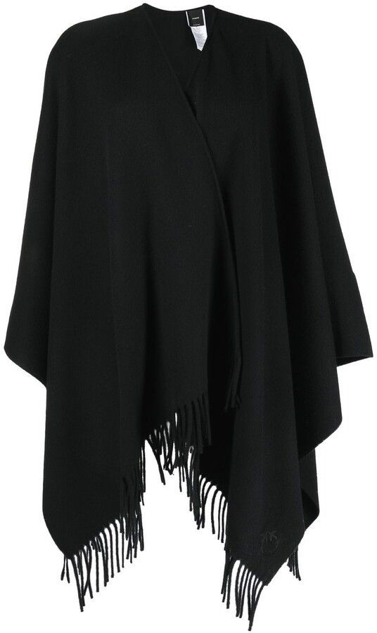 Pinko NEW Pinko Fringed 100% Wool Poncho Relaxed Fit Black Size ONE SIZE - 3 Thumbnail