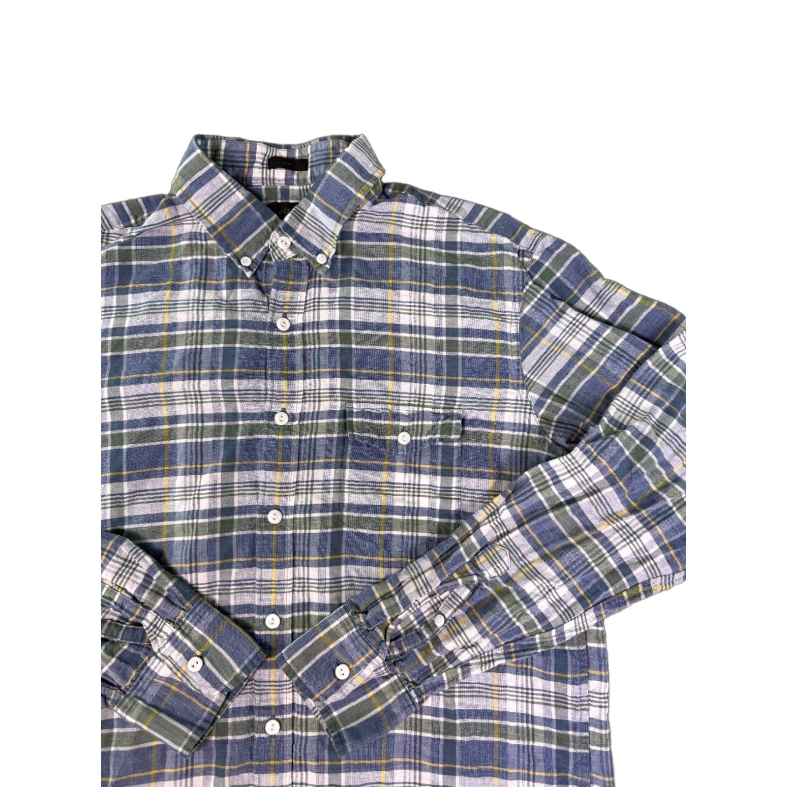 J.CREW Shirt Mens Large Slim Fit Blue Check Linen Button Up E264 Pockets  Collared Button-