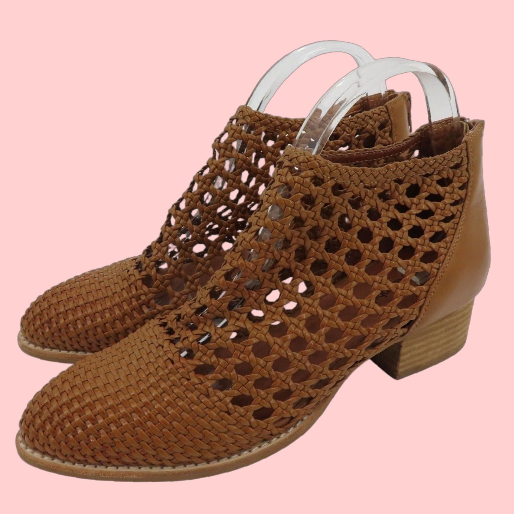 Jeffrey Campbell Women Brown Leather Ankle Boots Size 9.5 Kingman Woven Booties Block Heel Shoes