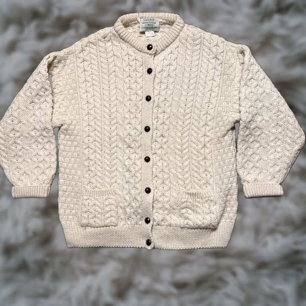 Vintage VINTAGE Claouknit Cardigan Wool Beige Cream Large Women's Cable-Knit High Neck Raglan Sleeve Size L / US 10 / IT 46 - 1 Thumbnail