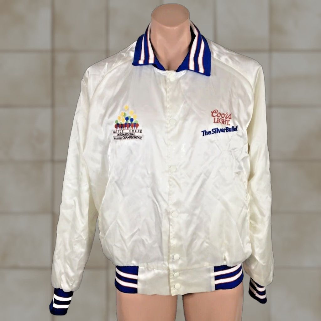 VINTAGE Coors Light Satin Jacket Battle Creek International Balloon Championship White L 1980s Mens