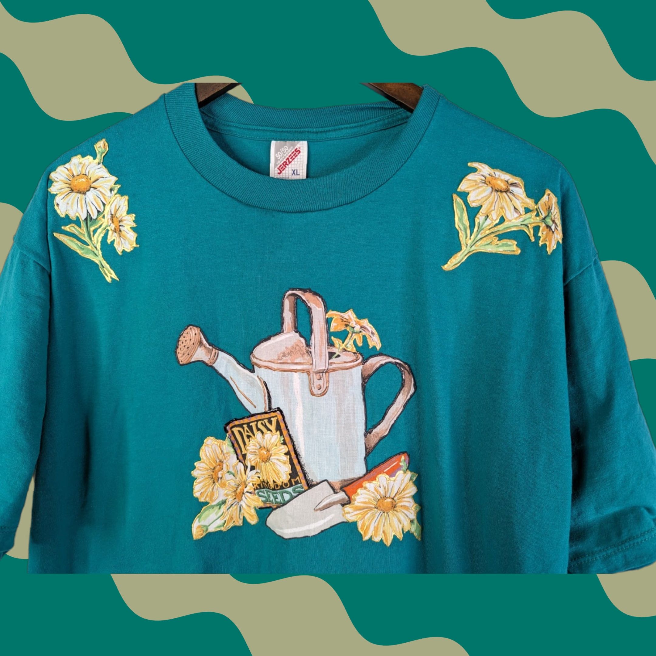 Jerzees VINTAGE Jerzees T-Shirt 90s Teal Mens XL Daisy Kingdom Seeds Flower Design Printed Logo Shirt Size US XL / EU 56 / 4 - 1 Thumbnail